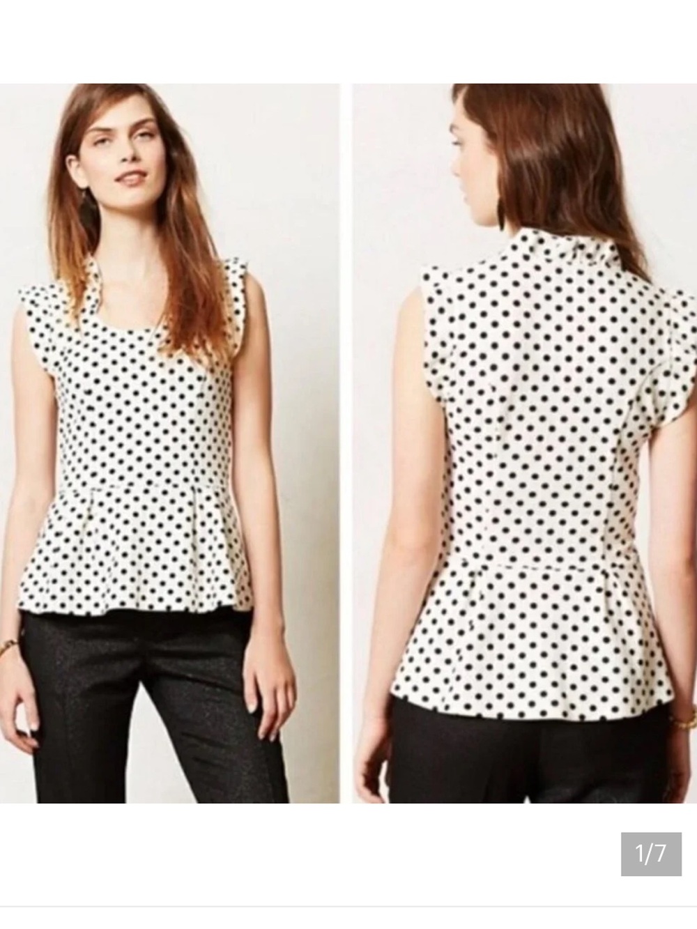 Anthropologie White Sleeveless Polka Dot Peplum Top